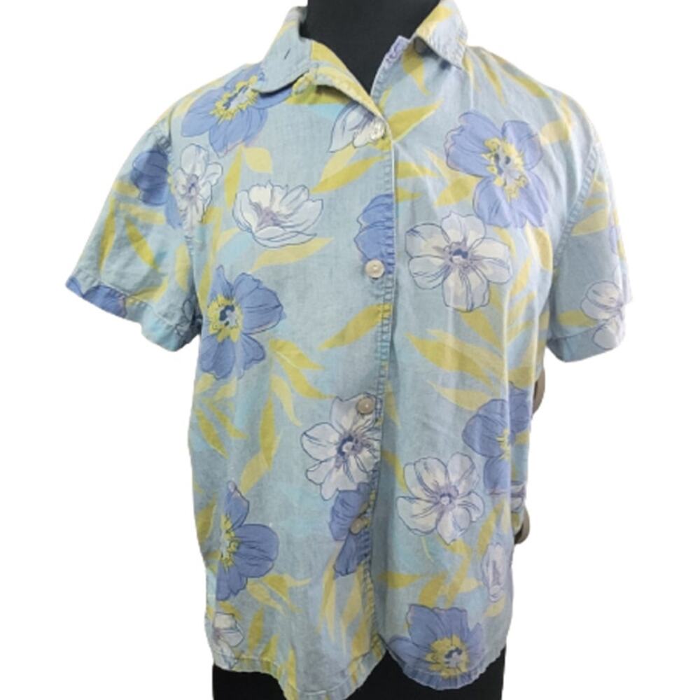 Tropical Floral Button Up Short Sleeve Blouse Size Large